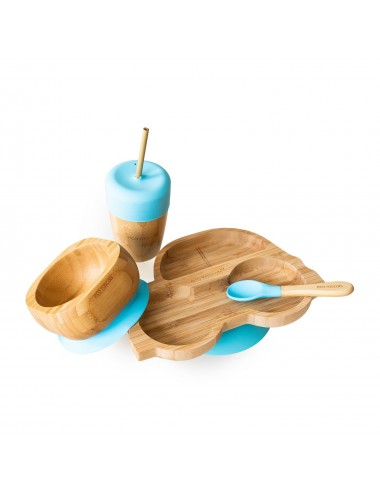 ECORASCALS Zestaw bambusowy miseczka autko, głęboka i duży kubek niebieski w opakowaniu prezentowym
