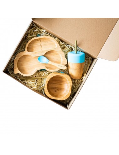 ECORASCALS Zestaw bambusowy miseczka autko, głęboka i duży kubek niebieski w opakowaniu prezentowym