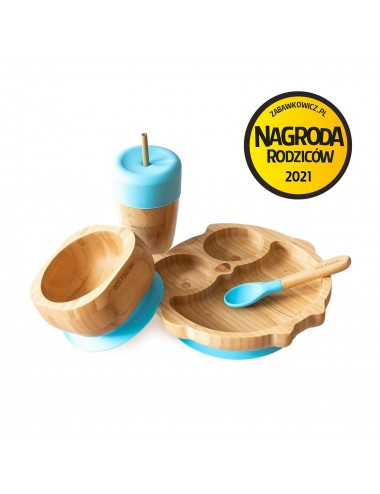 ECORASCALS Zestaw bambusowy miseczka sowa, głęboka i duży kubek niebieska w opakowaniu prezentowym
