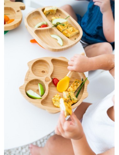 ECORASCALS Zestaw bambusowy miseczka sowa, głęboka i duży kubek niebieska w opakowaniu prezentowym