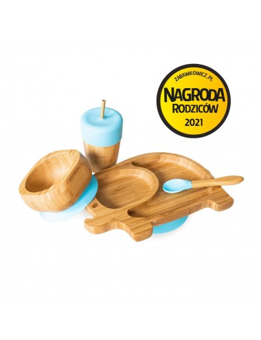 ECORASCALS Zestaw bambusowy miseczka słonik, głęboka i duży kubek niebieski w opakowaniu prezentowym