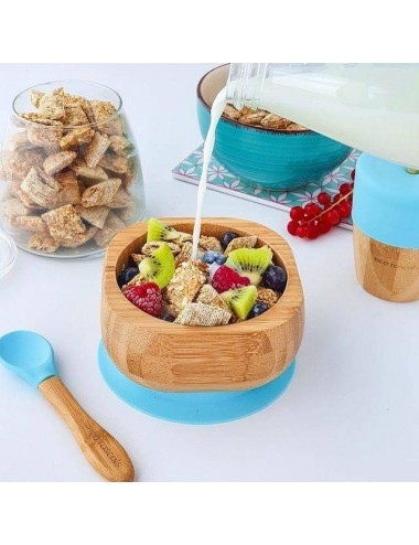 ECORASCALS Zestaw bambusowy miseczka słonik, głęboka i duży kubek niebieski w opakowaniu prezentowym