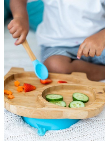 ECORASCALS Zestaw bambusowy miseczka słonik, głęboka i duży kubek niebieski w opakowaniu prezentowym