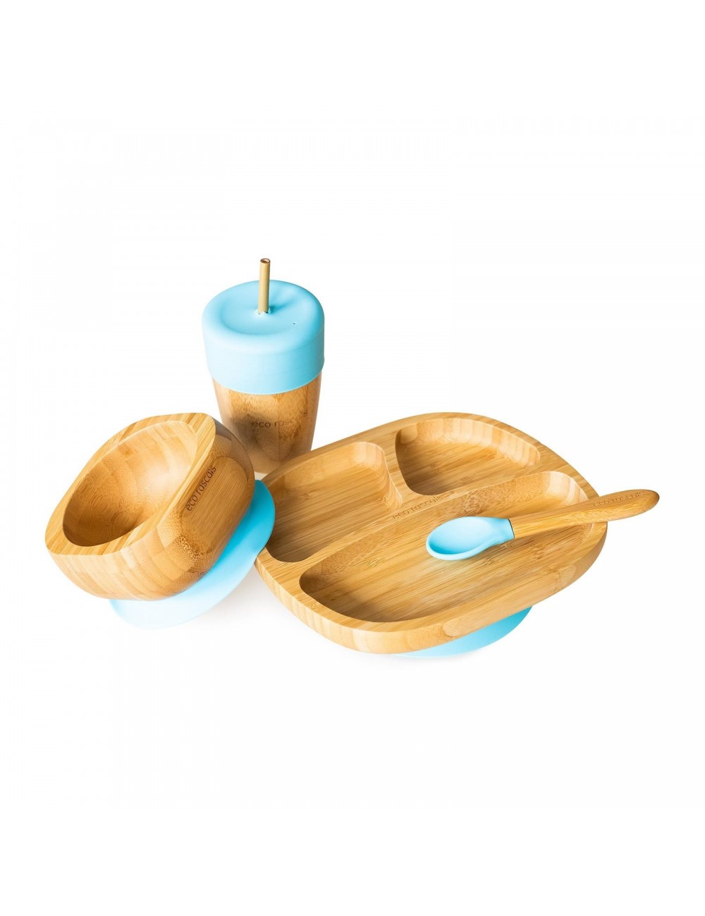ECORASCALS Zestaw bambusowy miseczka trójdzielna, głęboka i duży kubek niebieski w opakowaniu prezentowym