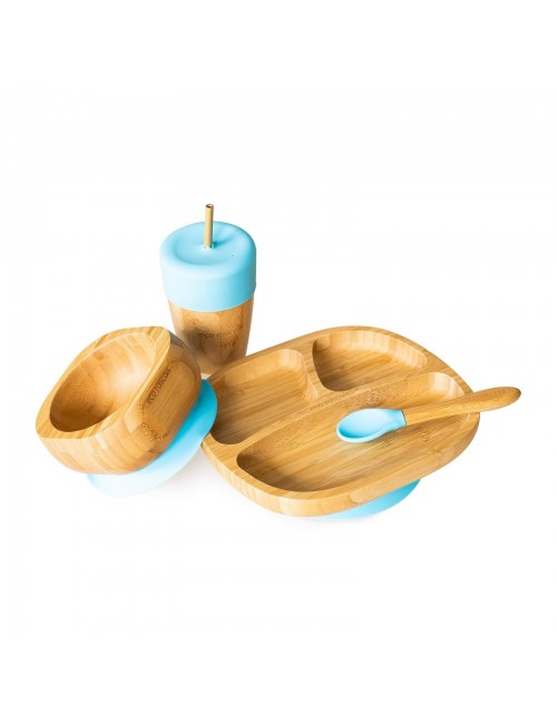 ECORASCALS Zestaw bambusowy miseczka trójdzielna, głęboka i duży kubek niebieski w opakowaniu prezentowym