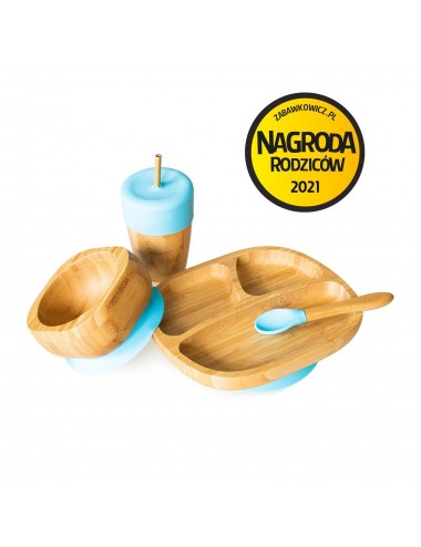 ECORASCALS Zestaw bambusowy miseczka trójdzielna, głęboka i duży kubek niebieski w opakowaniu prezentowym