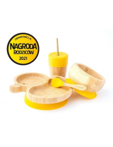 ECORASCALS Zestaw bambusowy miseczka kaczuszka, głęboka i duży kubek żółty w opakowaniu prezentowym