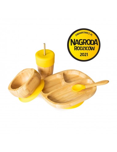 ECORASCALS Zestaw bambusowy miseczka trójdzielna, głęboka i duży kubek żółty w opakowaniu prezentowym